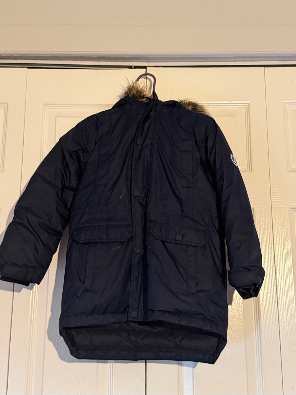 Lands' End Navy Blue Kids Puffer Jacket with Faux Fur Trim